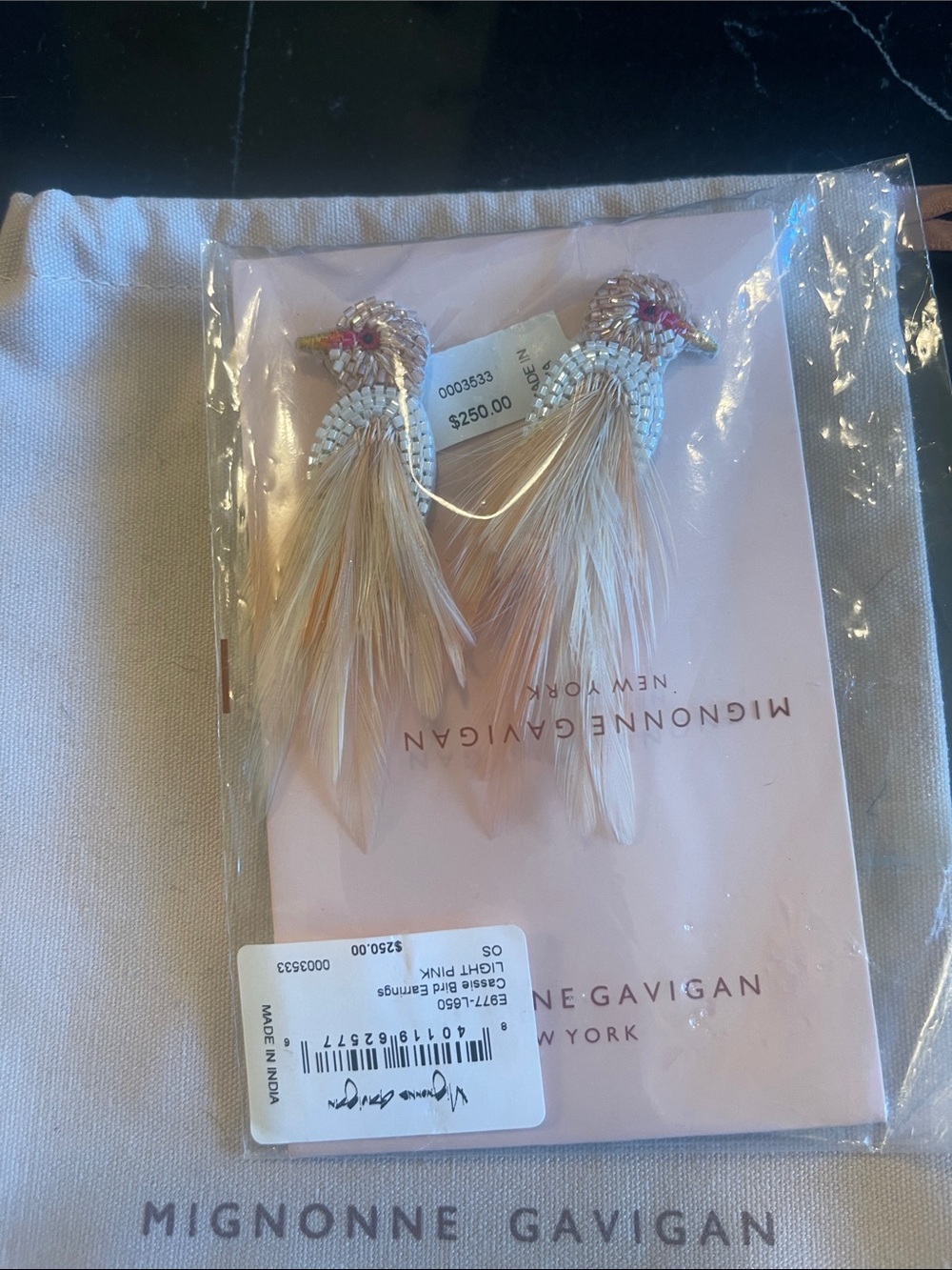 Mignonne Gavigan Pink Feather Swan Earrings with Beaded Detail